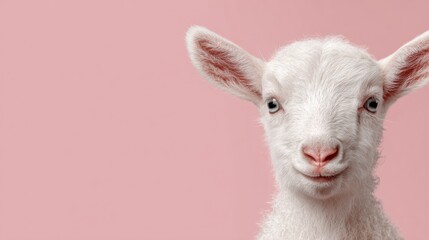 Fototapeta premium Cute White Baby Goat with Pink Background in Studio Portrait