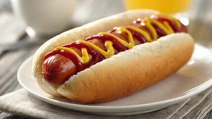 Hot Dog Topped with Mustard and Ketchup on a White Plate