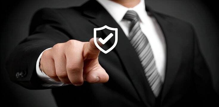 Businessman in suit pointing at a white shield graphic with a check mark