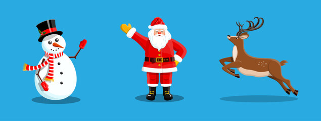 Set of cheerful snowman, santa, and reindeer character. Christmas and New Year holiday flat style vector collection. Winter celebration design element for greeting card.