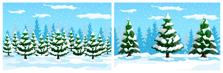 Fototapeta premium Winter forest scene with pine trees covered in snow. Christmas and New Year holiday flat style illustration for seasonal design. Peaceful cold landscape.