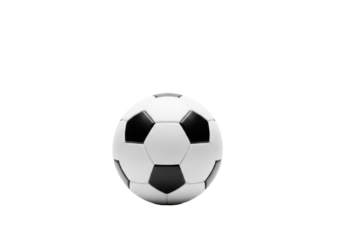 Pristine, new, traditional soccer ball with black and white panels, detailed stitching, centered on seamless transparent studio background, commercial sports advertisement concept