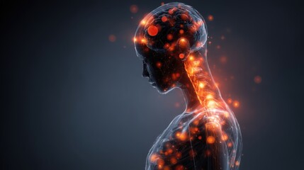 World Meningitis Day. Infographic-style medical illustration showing symptoms of meningitis represented by human silhouette with glowing markers on head, neck stiffness, fever areas