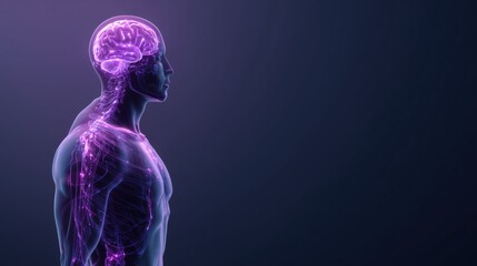 World Meningitis Day. Isometric human body silhouette with brain highlighted in glowing purple, medical infographic style, minimalist background