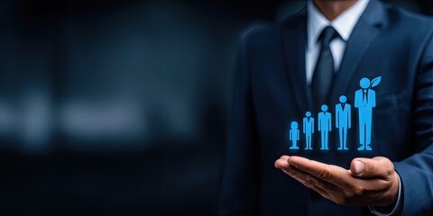 Businessman's hand holds a graphic of people growing in size, symbolizing career progression