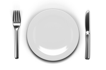 Centered white plate. Fork on the left. Knife on the right. White background. Polished metallic utensils. Aligned table setting. 中央の白い皿。左のフォーク。右のナイフ。白い背景。金属光沢のカトラリー。整列配置のテーブルセッティング