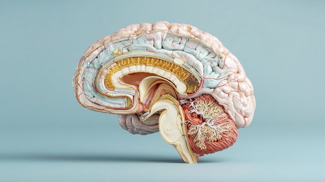 World Meningitis Day. Medical illustration of human brain with highlighted meninges layers, detailed anatomy, cross-sectional view, clean scientific style