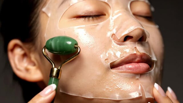 In a tranquil space, a person enjoys a calming skincare ritual, applying a mask while gently using a roller tool. This moment is all about self-care and enhancing beauty.