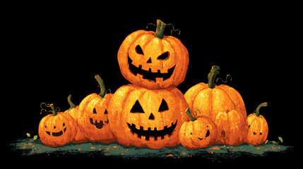 A vibrant Halloween scene featuring a stack of carved pumpkins with expressive faces on a dark background