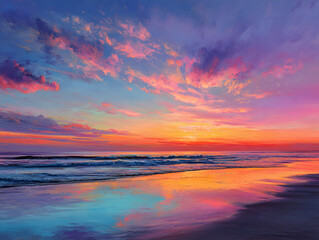 Fototapeta premium Sunset Over Ocean Reflecting Vivid Colors