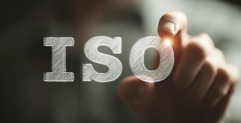 Hand pointing at projected text "ISO
