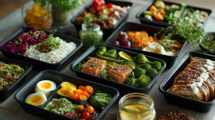 Fototapeta premium Arrangement of prepared meals in black containers on a light surface