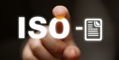 A finger touches a glowing "ISO" text overlay with a document icon, suggesting digital interaction with standards