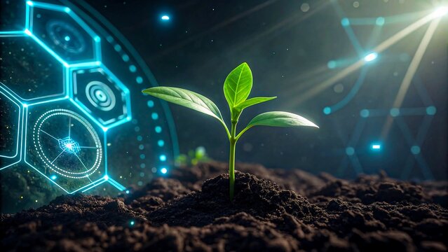 Green plant sprout growing with futuristic digital technology and innovation concept
