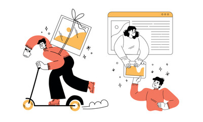 A Dynamic Young Adult Riding a Scooter Surrounded by Creative and Colorful Digital Elements