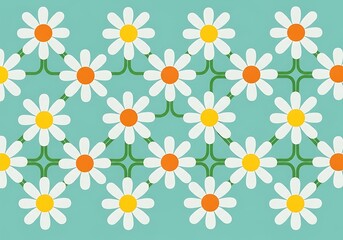 Floral pattern with daisy flowers arranged in a diamond grid on light cyan background creating a cheerful and vibrant