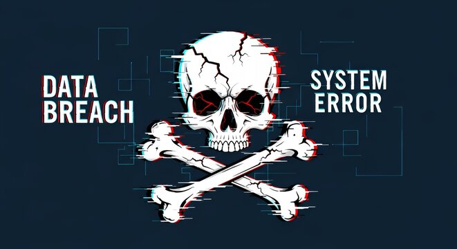 Digital Skull with Crossbones and Glitch Effect Representing Data Breach and System Error