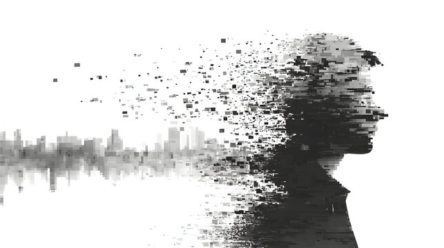 Man dissolving into cityscape represents mental health struggles and urban anxieties on a stark white canvas, conveying a sense of isolation and fragility.