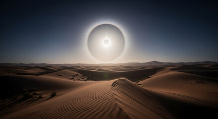 The universe's perfect design A stunning total solar eclipse casting an ethereal glow over Sahara desert sand dunes