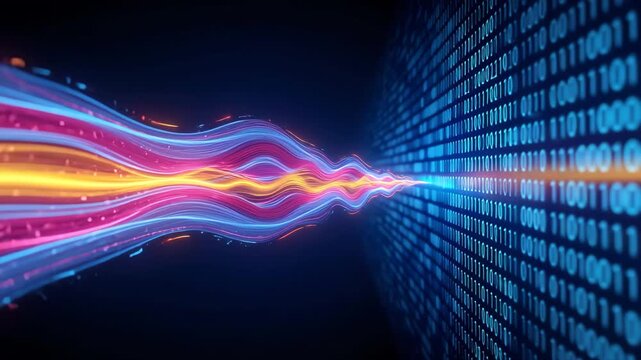 Abstract Data Stream and Binary Code. Flowing lines of light transferring information. Big data and technology concept.