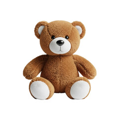 Obraz premium An adorable brown plush teddy bear with white snout and paw pads, sitting upright against a pristine transparent background with copy space and soft shadow. Concept of childhood comfort and innocence