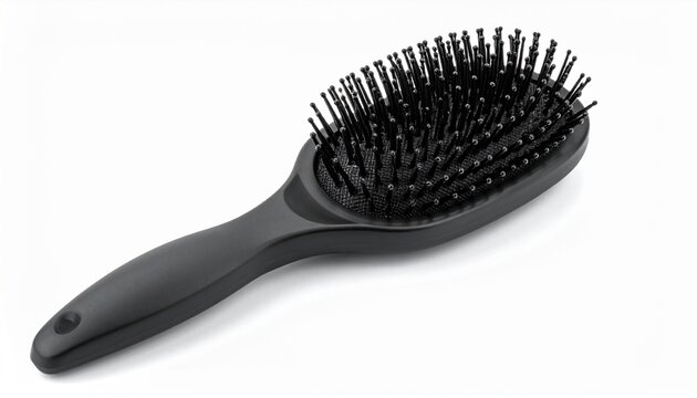 Render a black plastic brush with triangular handle merging into a rectangular bristle head, isolated on white background, emphasizing ergonomic design and grooming tool functionality.