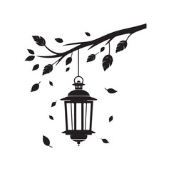 lantern hanging from a tree branch with autumn leaves vector silhouette clip art logo design illustration