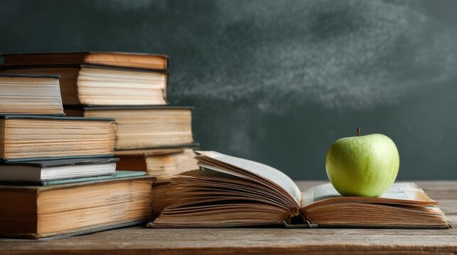 Open textbook with a stack of books and fresh green apple on a wooden school desk in front of a green chalkboard, back-to-school concept with distance learning and home education setup - Powered by Adobe
