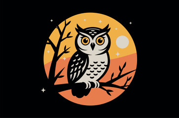 Cute owl perched on branch under a Halloween moon