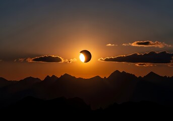 A glowing moon partially covering the sun, seen over a mountain horizon.