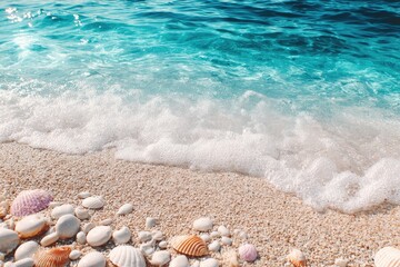 Sandy beach meeting turquoise water with foamy waves and scattered seashells
