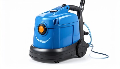 Fototapeta premium Render a blue industrial vacuum cleaner with black hose, metal extension tube, and flat nozzle, featuring cylindrical body, wheels, and top handle, isolated on white background for utility focus.