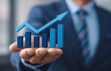 Businessman's hand holds a 3D graph showing upward trend