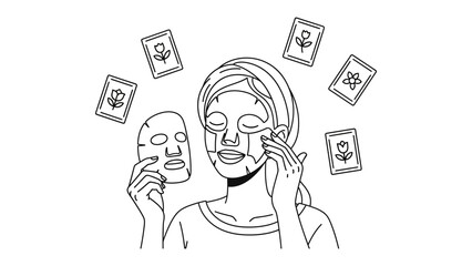 Woman applying a facial sheet mask to her face while holding another mask surrounded by floating cards with beauty symbols and skincare icons in a minimalist line art style