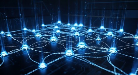 Interconnected Network of Data Nodes with Glowing Blue Light.