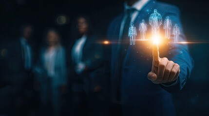 Businessman interacts with a holographic group of people