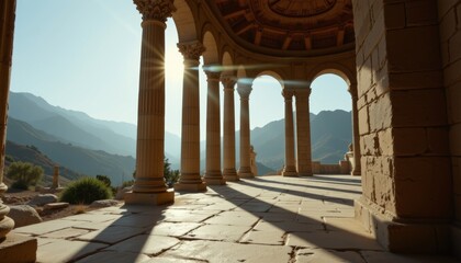 Fototapeta premium Exploring ancient stone colonnade with arch at mountain overlook architectural detail scenic view cultural heritage