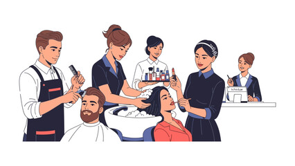 Diverse group of hairstylists and clients in a modern salon receiving various beauty treatments and consultations for hair care services