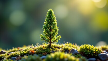Small green sapling tree standing on mossy ground nature setting close-up view growth concept