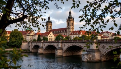 Fototapeta premium Scenic view of a majestic bridge cityscape architecture riverbank afternoon light urban serenity