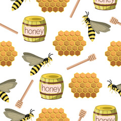 Seamless bee pattern,honeycomb,honey barrel,honey spoon on a white background.Vector pattern for textiles, backgrounds, and packaging.