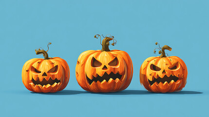Three intricately carved Halloween pumpkins with menacing expressions against a blue background