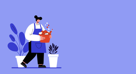 Stylized illustration of a person in an apron holding a basket of fresh produce, surrounded by potted plants. Ideal for themes of gardening, healthy eating, or market shopping.