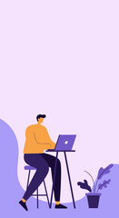 Productive man working on his laptop in a minimalist setting, suitable for concepts of remote work, freelancing, or digital lifestyle.