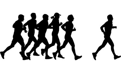 Silhouettes of runners in a race, one ahead of the pack.