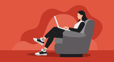 Woman working remotely on a laptop in a comfortable armchair at home. Represents flexible work, online learning, or casual digital lifestyle.