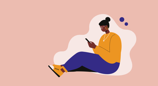 Modern woman engrossed in her smartphone, representing digital communication, social media, and connected lifestyle. Ideal for technology and mobile concepts.