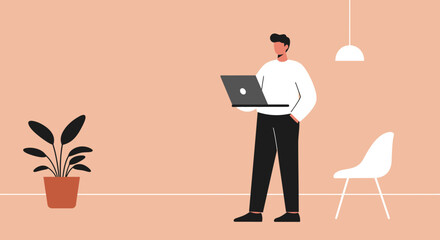 Young man working remotely on a laptop in a modern, minimalist home office. Concept of productivity, freelance work, and virtual collaboration.