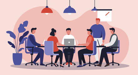 Diverse business team collaborating in a modern office meeting room. Professionals discuss strategy and ideas, fostering productivity and teamwork.