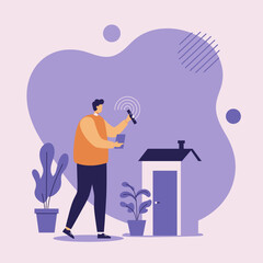 Obraz premium Man using smart home technology to control devices with a remote and smartphone, illustrating modern home automation and connectivity for efficient living.